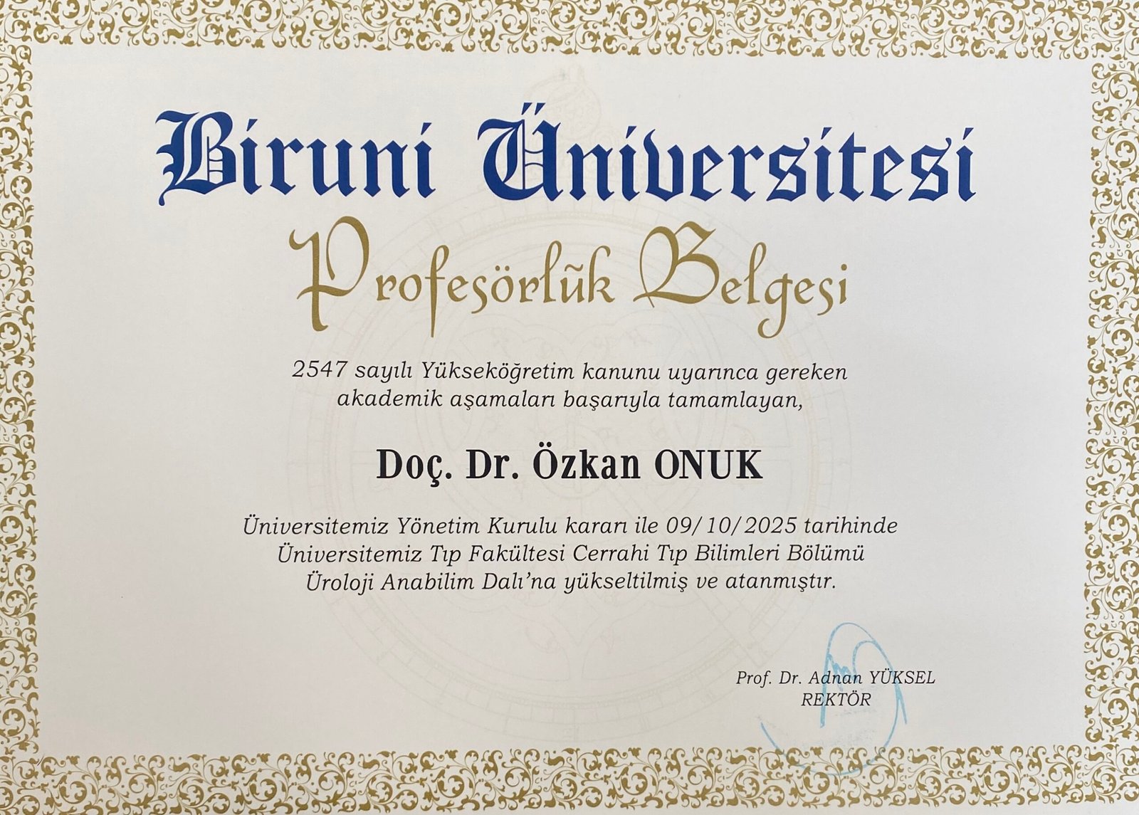 Certificato di Professore - Università Biruni