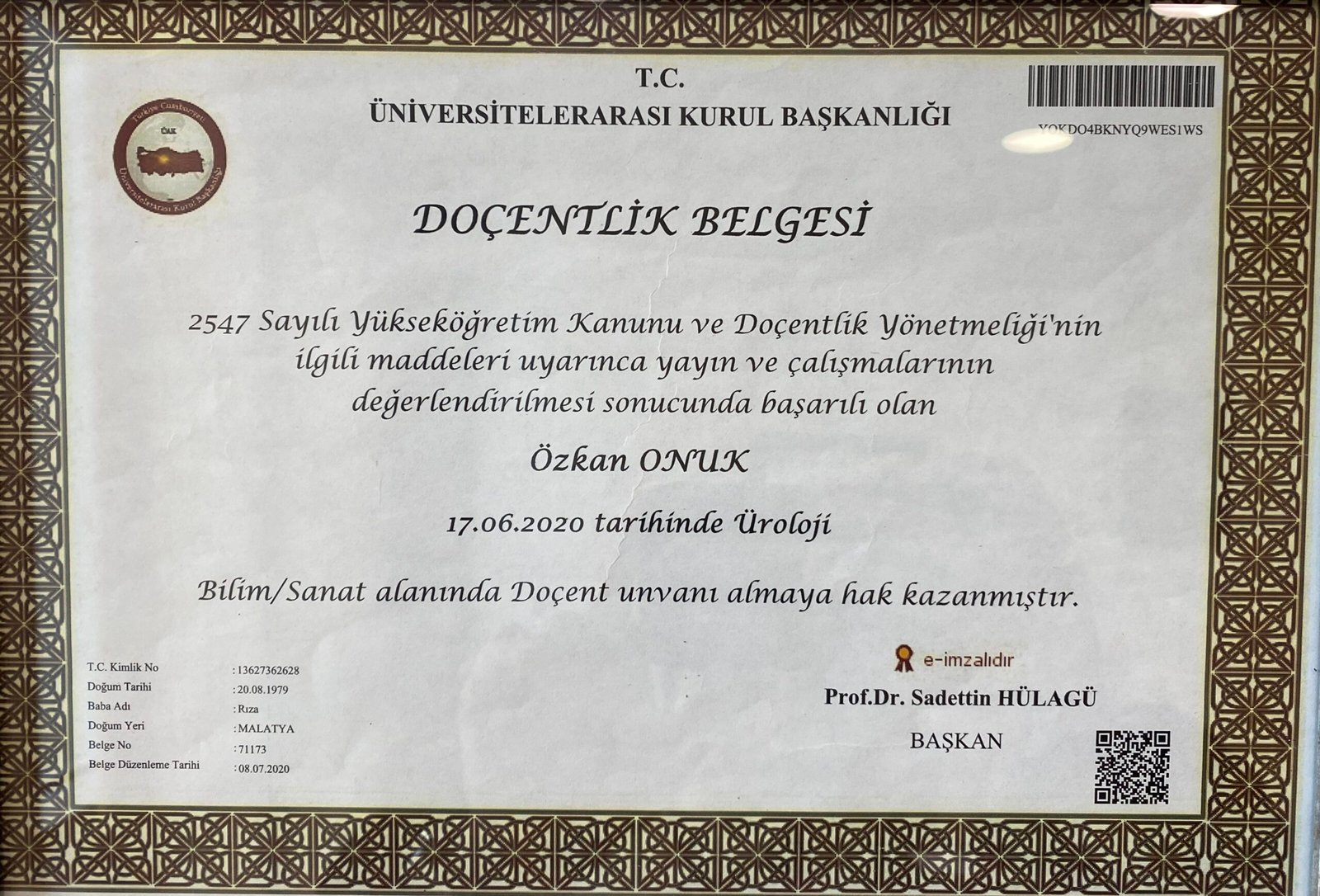 Certificato di Professore Associato